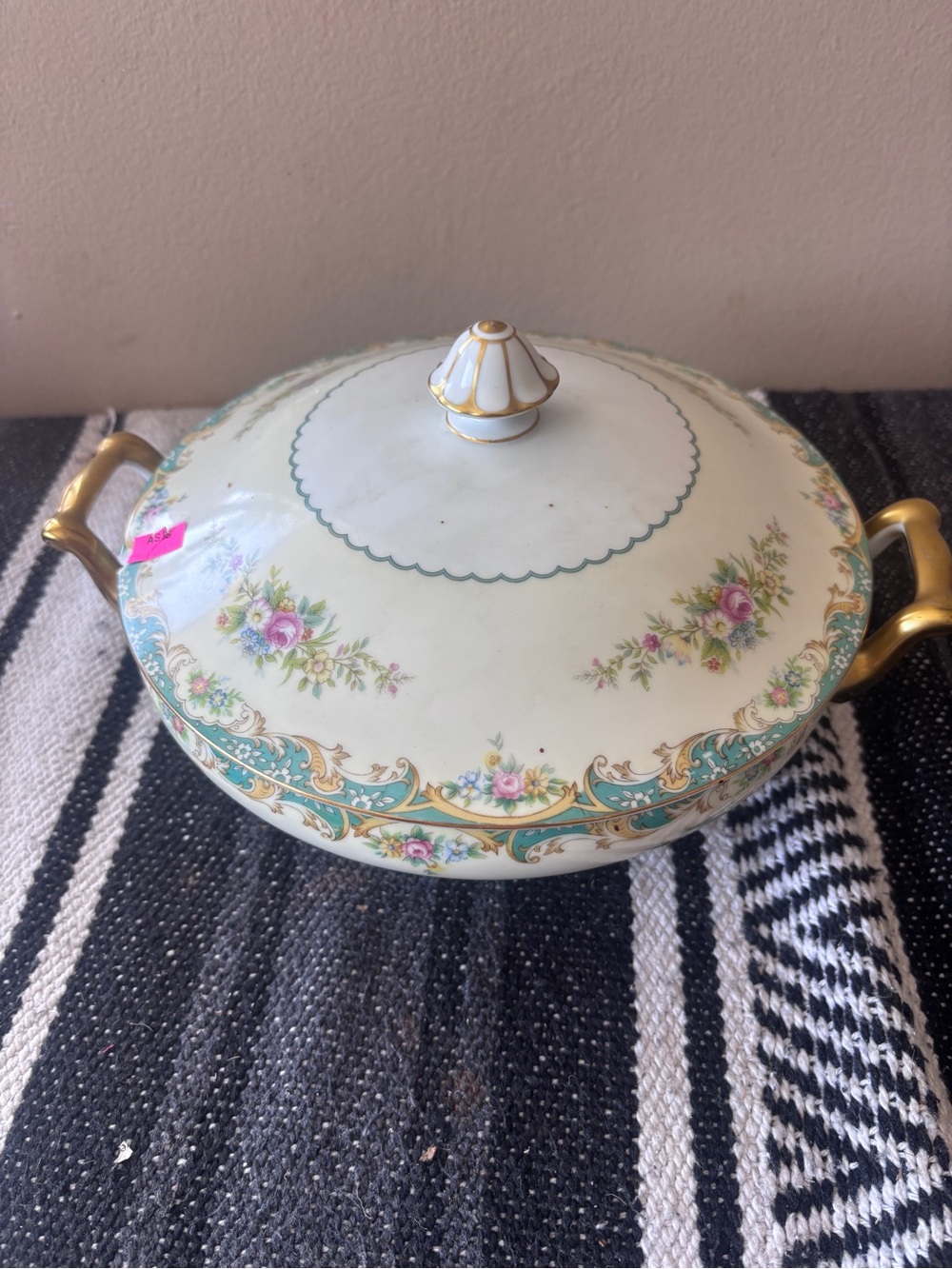 Floral Covered Porcelain Tureen with Gold Handles